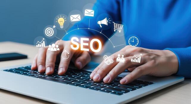 Hands on Laptop Keyboard with SEO Concept Icons Displayed for Digital Marketing Strategy photo