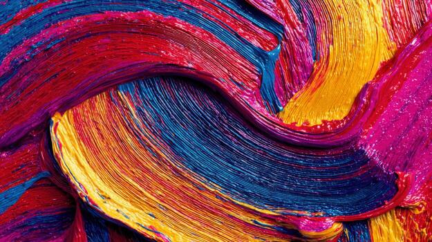 Abstract Expressionism Vivid Close-Up of Acrylic Paint Swirls in Blue, Yellow, and Red Creating a Dynamic Texture photo