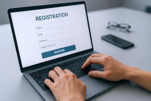 Online Registration Process Hands Typing on Laptop for Account Creation and Digital Form Submission photo