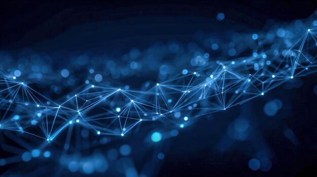 Abstract Network Connection Structure with Glowing Nodes and Lines on Dark Background, Representing Data Transmission photo