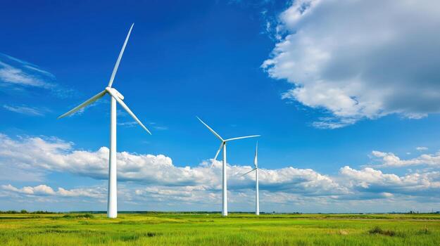 Wind Turbines in a Green Field Against a Bright Blue Sky with White Clouds photo