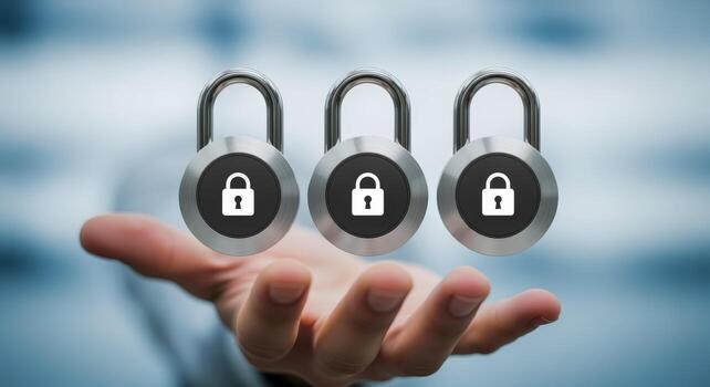 Cybersecurity Protection Hand Presenting Three Padlocks Representing Data Encryption, Secure Access, and Privacy Measures on a Blurred Background photo