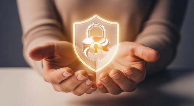 Data Protection Shield Hands Presenting Glowing Lock, Symbolizing Security and Digital Safety Against Cyber Threats photo
