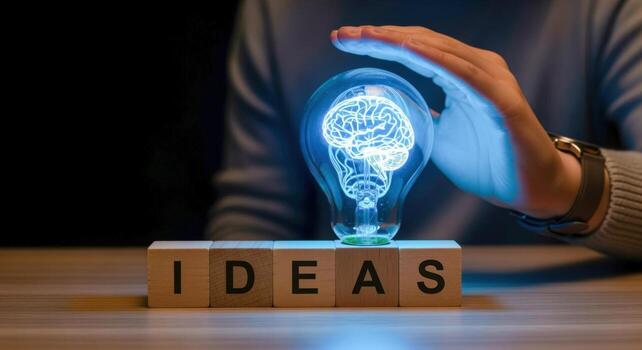 Creative Thinking Concept Brain Visualization Inside a Light Bulb with Ideas Blocks on a Table photo