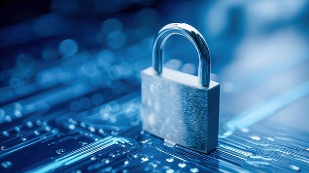 Padlock on Circuit Board Illustrating Cybersecurity and Data Protection in a High-Tech Environment photo