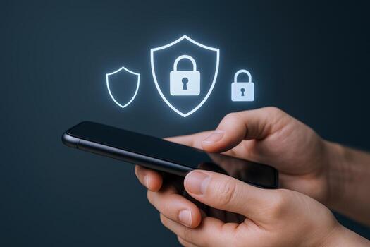 Mobile Phone Security Hands Holding Smartphone with Digital Shield and Padlock Icons on Dark Background photo