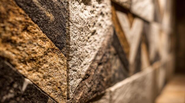 Detailed Close-Up of Textured Stone Wall with Unique Geometric Patterns for Architectural and Design Projects photo