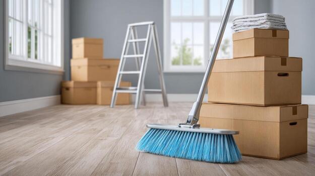 vacío habitación con cajas, escoba, y escalera Listo para limpieza después Moviente, en suave ligero foto