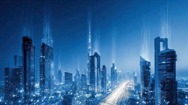 Futuristic Cityscape with Digital Network Connectivity and Illuminated Skyline at Dusk, Representing Innovation and Technology photo