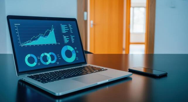 ordenador portátil mostrando financiero datos y analítica en un moderno escritorio con teléfono inteligente dispositivo foto