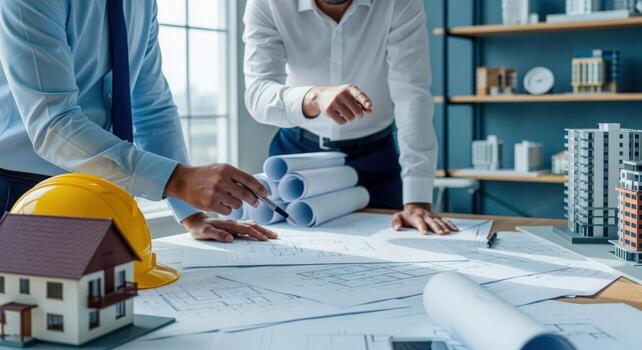 Architectural Design Review Team Collaboration on Building Plans and Scale Models in Modern Office photo