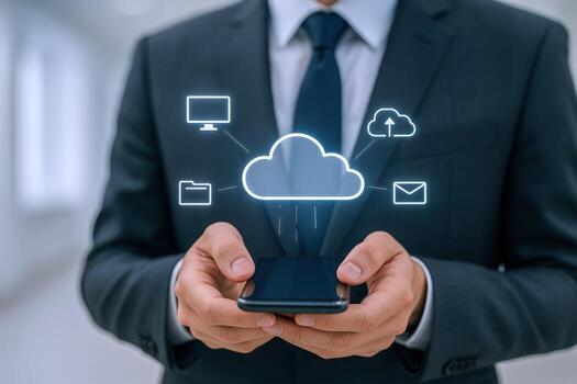 Businessman Holding Smartphone with Cloud Computing Technology and Data Storage Interface for Business Solutions photo