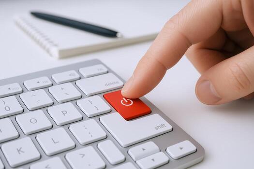 Finger Activating Power Button on Keyboard with Notebook and Pen in Background, Symbolizing Activation photo