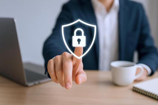 Online Security Concept Man Activating Digital Shield with Padlock for Data Protection and Cybersecurity photo