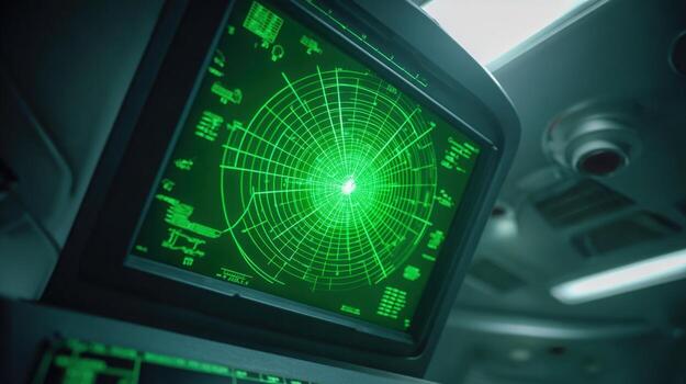 Radar Screen Displaying Green Scanning Grid in Control Room for Navigation and Surveillance photo