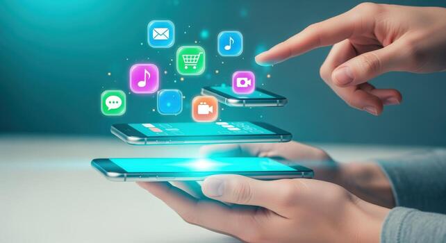 Mobile App Interface Concept Hand Interacting with Floating Application Icons on Smartphones for Modern Communication photo