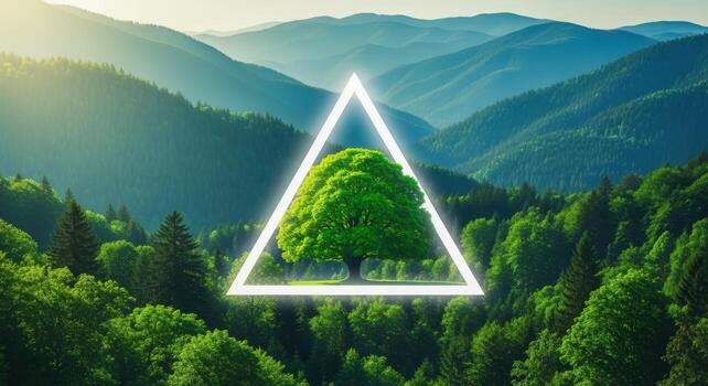 Lush Green Tree Framed by a Glowing Triangle in a Mountainous Forest Landscape photo