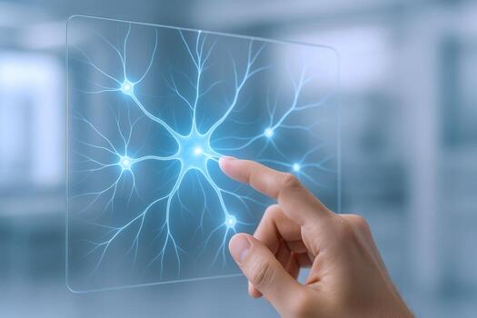 Interactive Neural Network Interface Hand Interacting with Neuron Diagram on Transparent Screen for Medical Technology photo