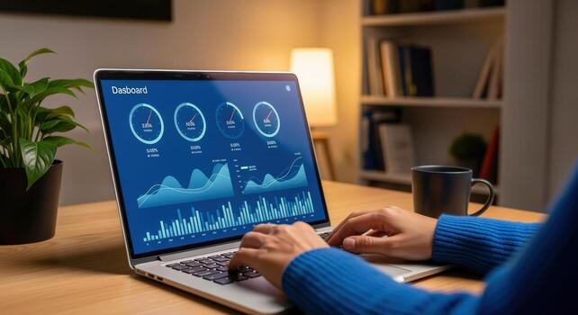 Analyzing Business Data on Laptop Screen Data Visualization, Analytics, and Financial Performance Insights photo