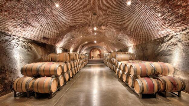 Wine Cellar Interior with Oak Barrels for Aging Wine in a Winery, Rustic Design photo