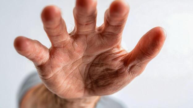 Reaching Out Open Hand in Close-Up, Gesturing Forward with Textured Skin Detail Against White Backdrop photo