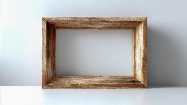 Wooden Rectangular Frame Mockup on White Surface, Rustic Style for Art Display and Advertisement photo