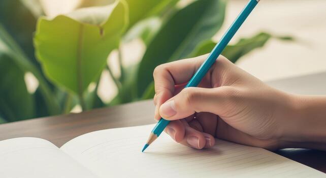 Hand holding pencil over open notebook with blurred green foliage background, writing, journaling, studying concept photo