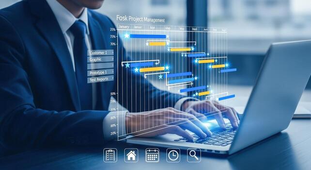 Project Management Professional Works on Laptop, Analyzing Task Gantt Chart Schedule to Meet Deadlines photo