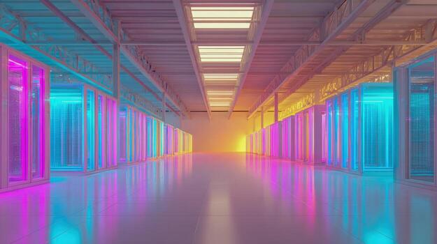 Data Center Interior with Illuminated Servers and Modern Architecture Depicting Advanced Technology and Information Storage photo