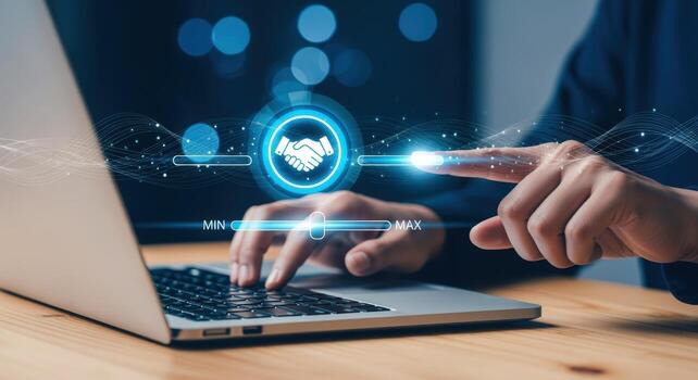 Digital Agreement Man Navigating Online Partnership Interface on Laptop, Modern Business Technology, Future Transactions photo