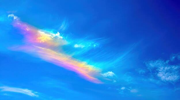 iridiscente nube mostrando arco iris colores en contra azur cielo, atmosférico óptica, y hermosa clima fenómeno foto