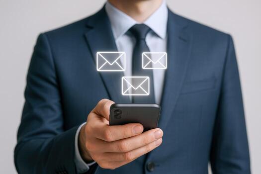 Businessman Checking Email on Smartphone with Digital Mail Icons, Representing Mobile Communication and Technology photo