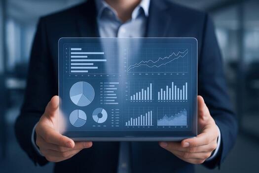 Businessman Holding Transparent Digital Screen Displaying Business Analytics and Data Visualization for Strategic Decision-Making photo