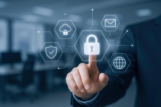 Data Security Concept Man Activating Online Protection and Cybersecurity Measures with a Digital Touch photo