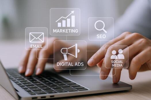 Digital Marketing Strategy on Laptop Hands on Keyboard with Email, SEO, Social Media Icons photo