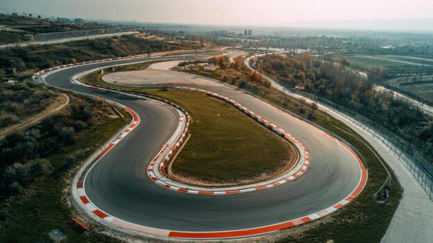 Aerial View of a Racetrack with Sharp Turns and Asphalt Surface, Surrounded by Nature photo