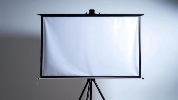 Portable Projector Screen on Tripod Stand for Presentations and Display, Isolated on White Backdrop photo