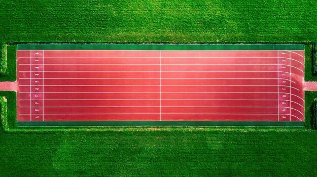 Aerial View of a Red Running Track Surrounded by Green Grass for Sporting Events and Athletics photo