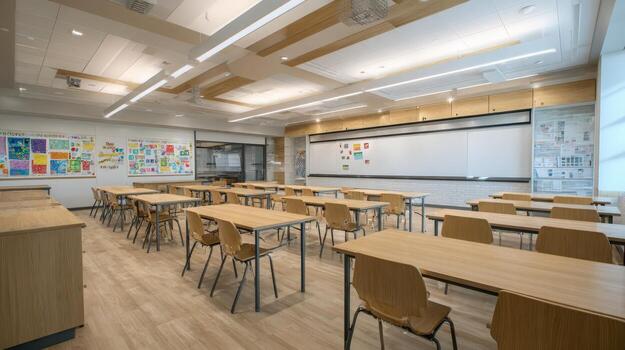 Bright and Spacious Modern Classroom Interior An Empty Learning Space Ready for Education photo