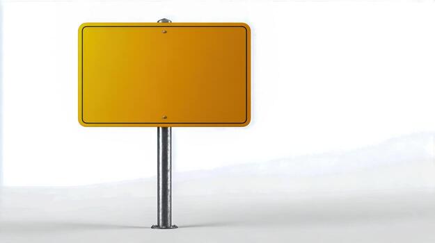 Yellow Rectangular Signboard on Metal Pole Against White Background with Ample Copy Space photo