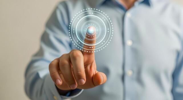 Human Finger Touching Interactive Digital Interface, Modern Technology Concept, Innovation, Future Tech, Communication, Connection photo