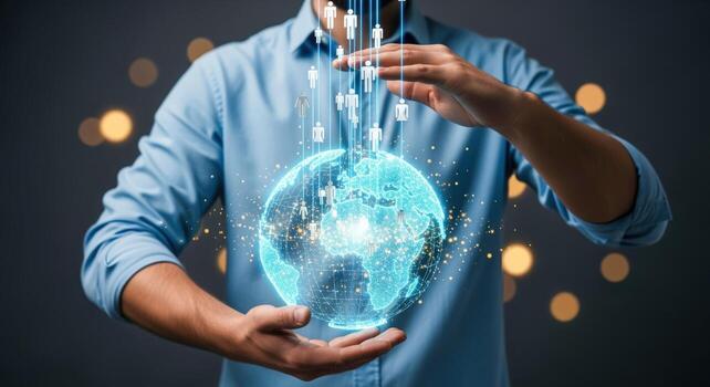 Global Business Network Connecting People Man Holding Holographic Earth with Human Icons, Technology Integration, and Global Reach photo