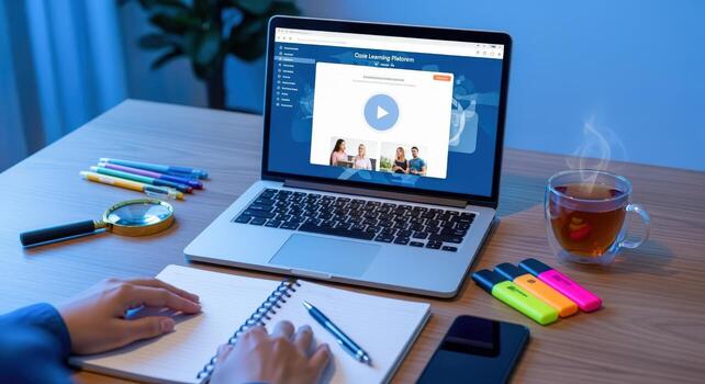 Laptop Displaying Online Meeting with Person Taking Notes and Hot Beverage on Desk at Home photo