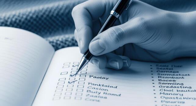 Close-up of hand checking off items in a list with a pen, task management concept photo