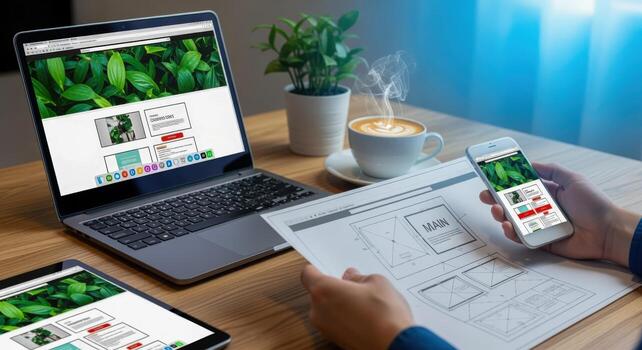 Web design process showcasing website mockup on multiple devices with coffee cup and plant photo