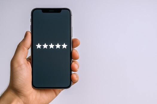 cinco estrella clasificación desplegado en teléfono inteligente retenida en mano en contra blanco antecedentes foto