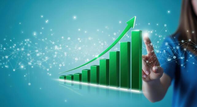 Businesswoman Demonstrates Company Growth with Upward Graph and Touch Interface in a Modern Setting photo