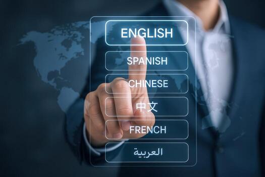 Language Selection Interface with a Person Selecting English for Global Communication and Multilingual Options photo
