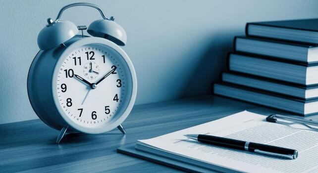 Time Management Concept Alarm Clock, Books, Pen, and Documents on a Desk, Emphasizing Productivity photo