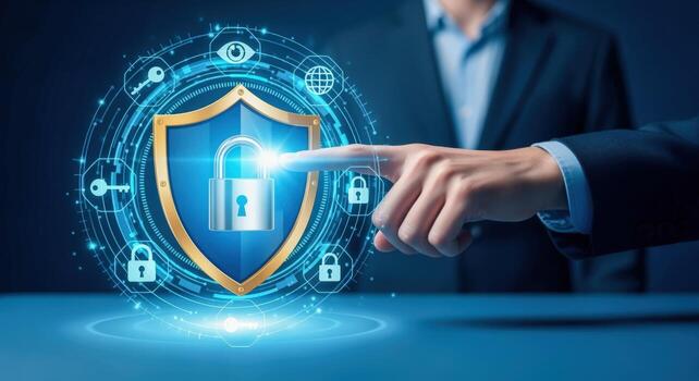 Cybersecurity Expert Activating Digital Shield with Lock Symbol, Demonstrating Network Safety and Data Protection Technologies photo